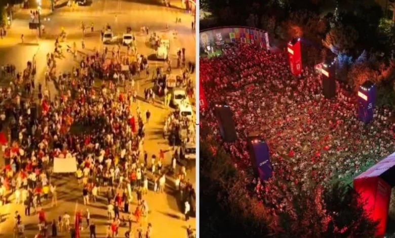 Rama publikon foto nga protesta dhe sheshi i tifozëve të ndeshjes Portugali Spanjë  Kjo osht Tirona jonë e kontradiktës