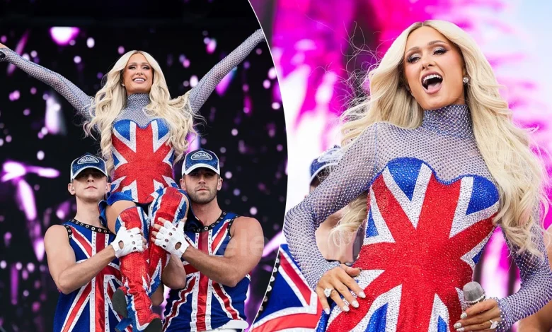 Paris Hilton rikthen ikonën e Ginger Spice  mahnit me fustanin  Union Jack  në Brighton Pride