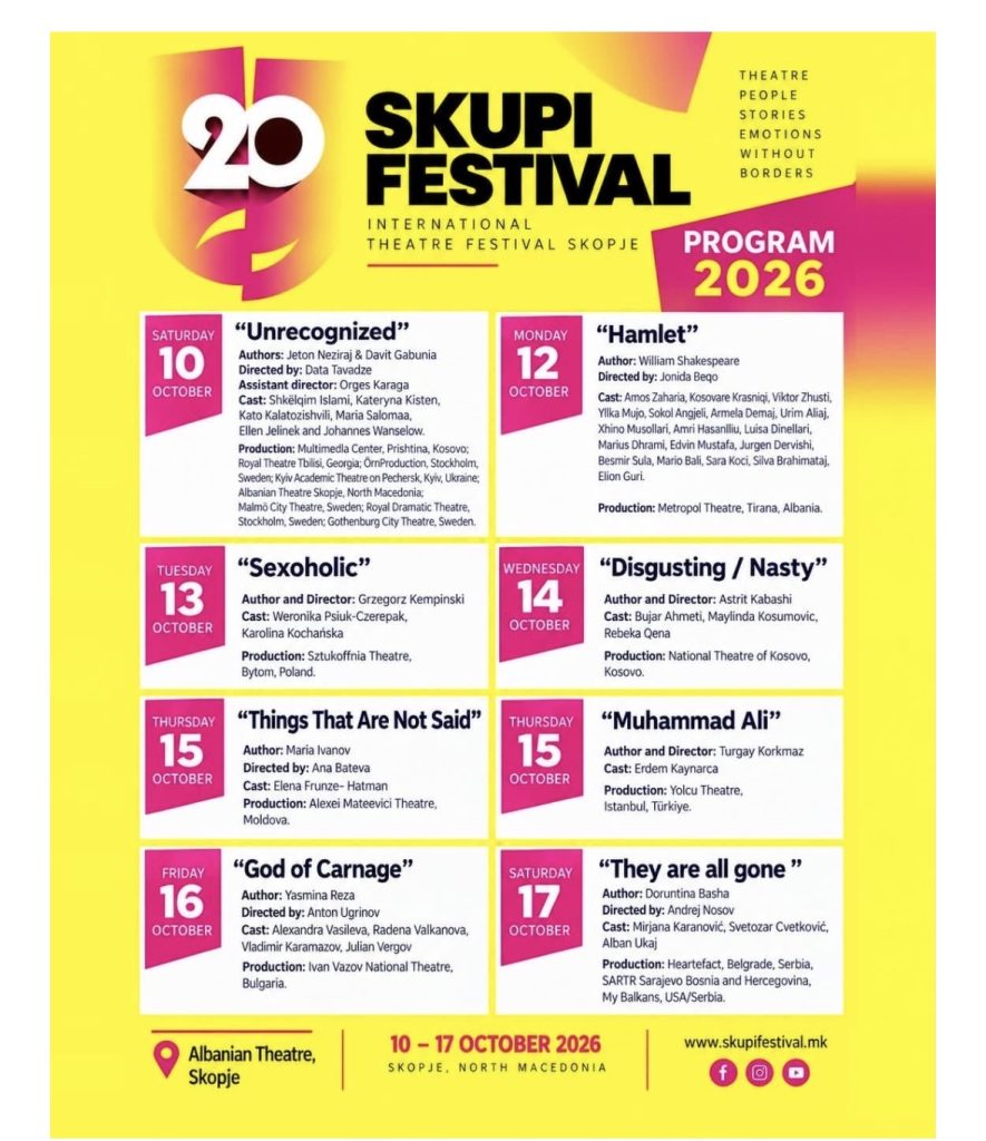 SKUPI FESTIVAL shënon edicionin e 20 të jubilar me tetë shfaqje nga rajoni dhe Evropa