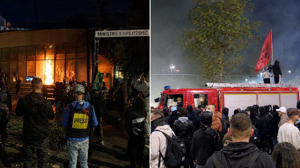 Protestuesit bllokojnë një makinë zjarrfikëse pranë Parlamentit  sulmohet me molotov Ministria e Drejtësisë